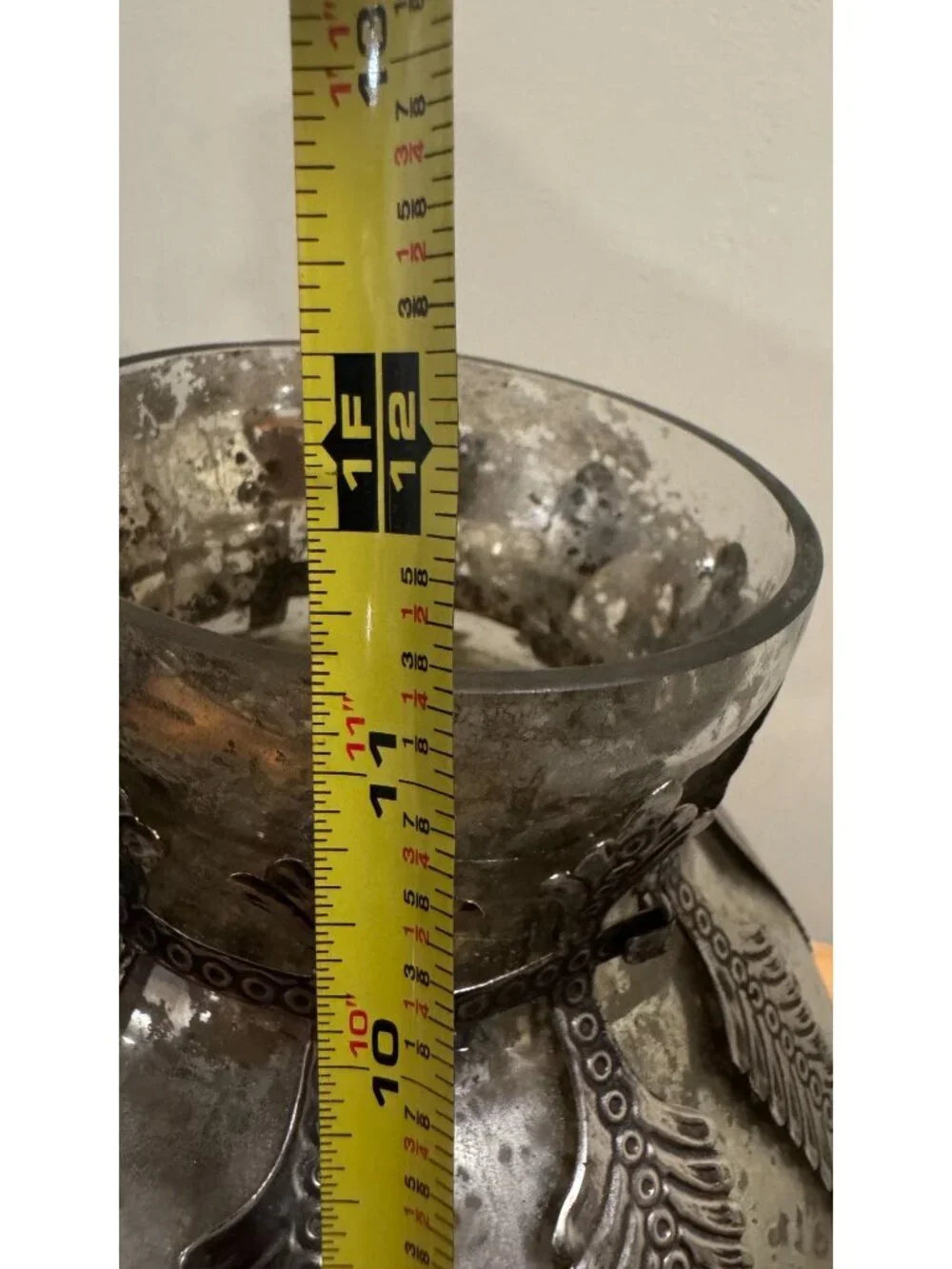 Pottery Barn Madeline Mercury Glass Vase, Metal Filigree Feather Overlay, Large